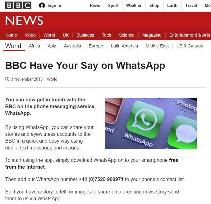 По WhatsApp можно поделиться новостями с BBC