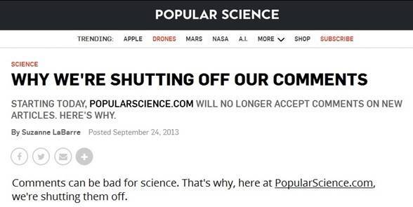 Popular Science отключили комментарии своих статей, объяснив это тем, что они могут быть вредны для науки