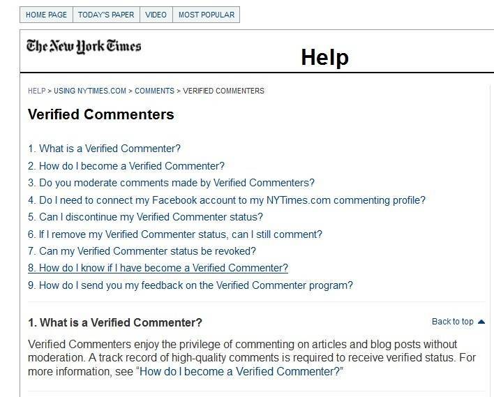Статус проверенного комментатора можно получить на New York Times