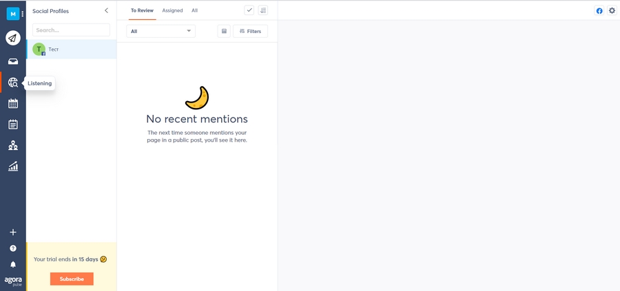 Так выглядит отслеживание упоминаний в Agorapulse Так выглядит отслеживание упоминаний в Agorapulse