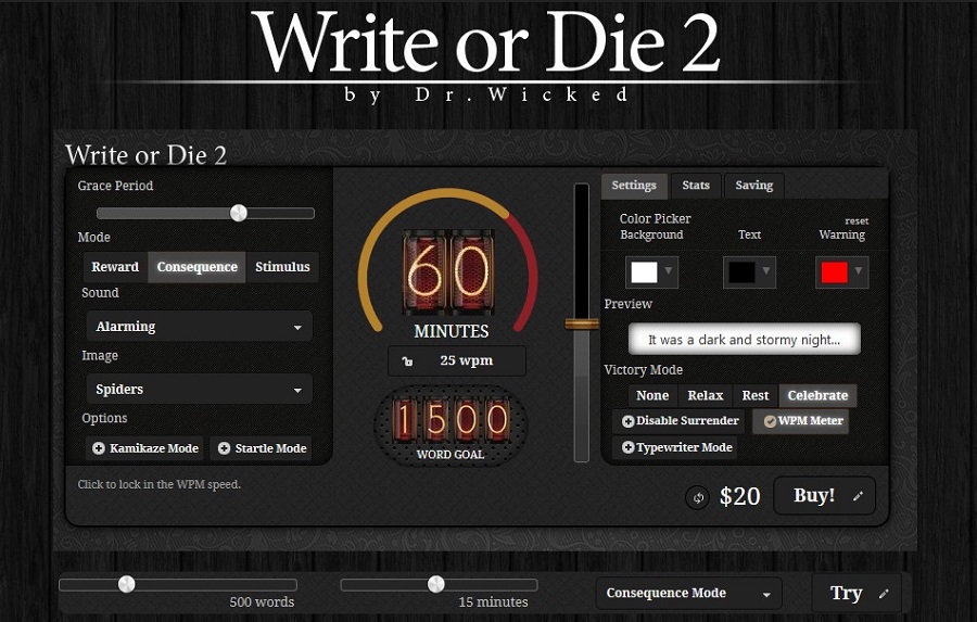 Write or Die – много настроек и $20 за пользование. Также доступна в AppStore