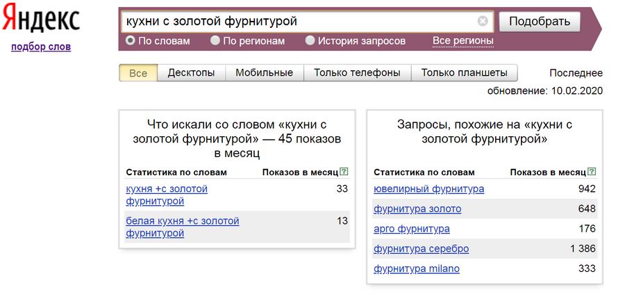 45 показов в месяц – это низкочастотный запрос, если производите такие кухни, попробуйте продвижение