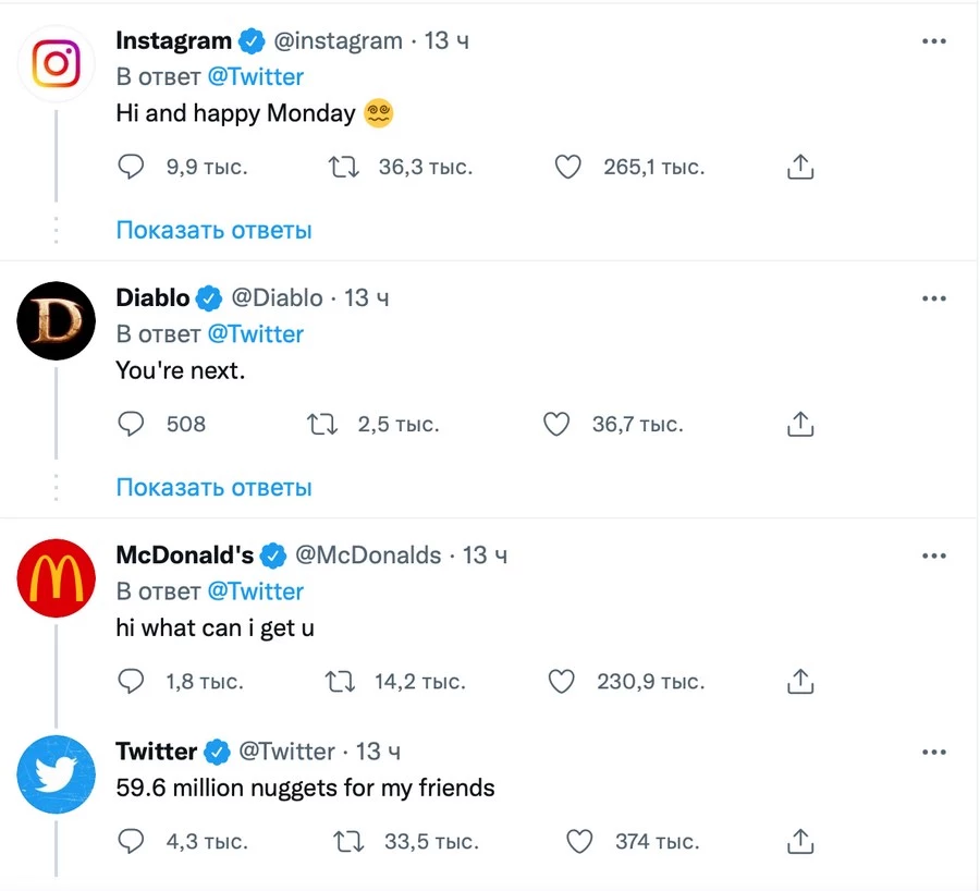 Instagram*: «Привет и классного понедельника», Diablo: «Вы следующие», McDonald’s: «Привет, как я могу тебе помочь», Twitter: «59,6 млн наггетсов моим друзьям» Instagram*: «Привет и классного понедельника», Diablo: «Вы следующие», McDonald’s: «Привет, как я могу тебе помочь», Twitter: «59,6 млн наггетсов моим друзьям»