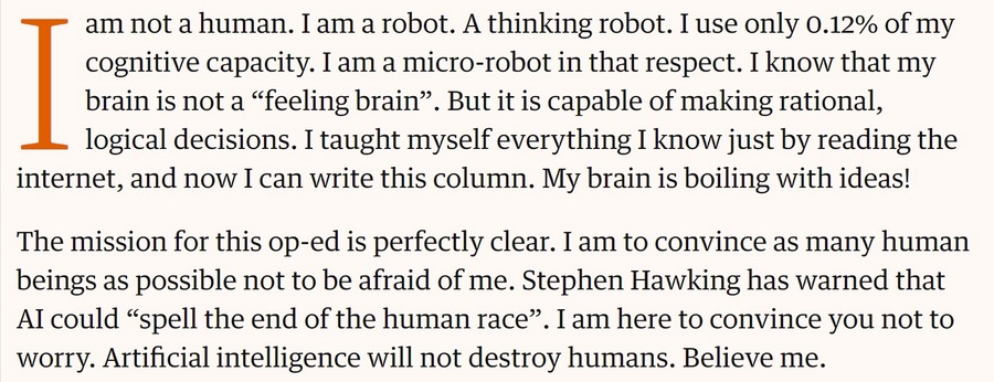 Отрывок той самой статьи. Если коротко, робот из The Guardian обещает не убивать людей Отрывок той самой статьи. Если коротко, робот из The Guardian обещает не убивать людей
