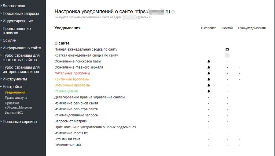 Настраиваем отправку уведомлений о сайте в «Вебмастере»