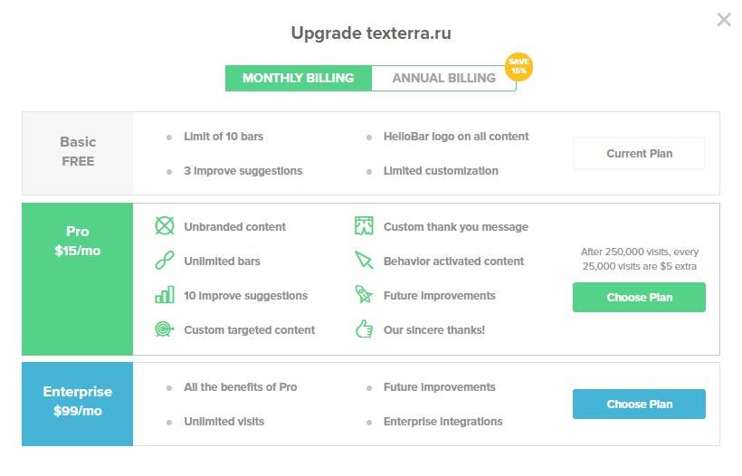 Тарифы сервиса Hello Bar Тарифы сервиса Hello Bar