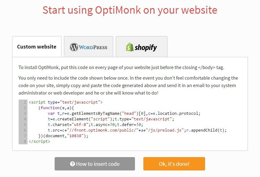 Код установки сервиса Optimonk Код установки сервиса Optimonk