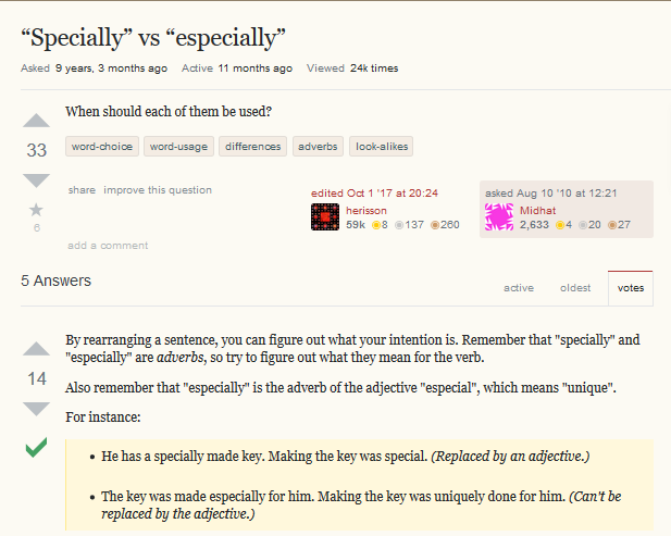 Разница между specially и especially – объяснение на Stackexchange Разница между specially и especially – объяснение на Stackexchange