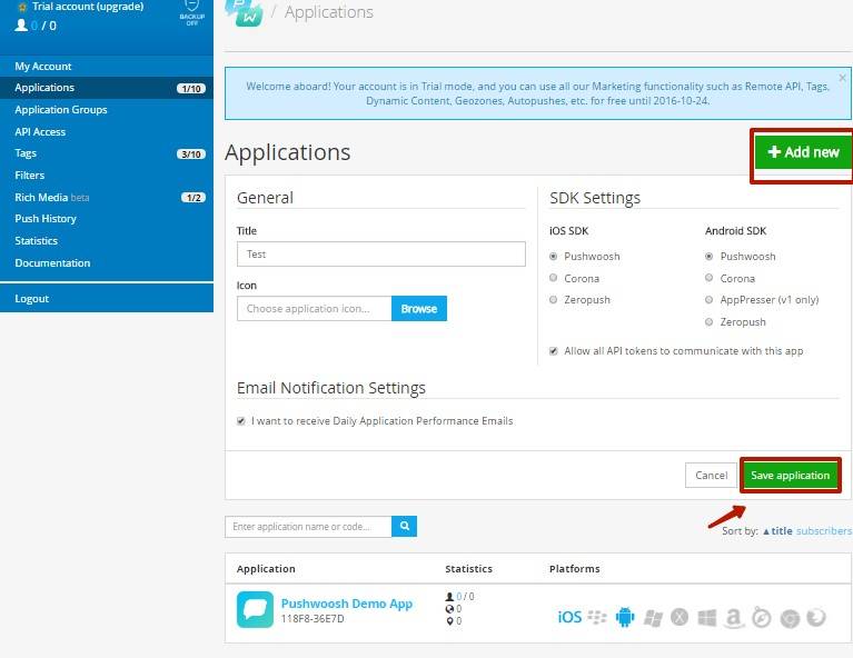 Введите заголовок, добавьте иконку и нажмите Save application Введите заголовок, добавьте иконку и нажмите Save application