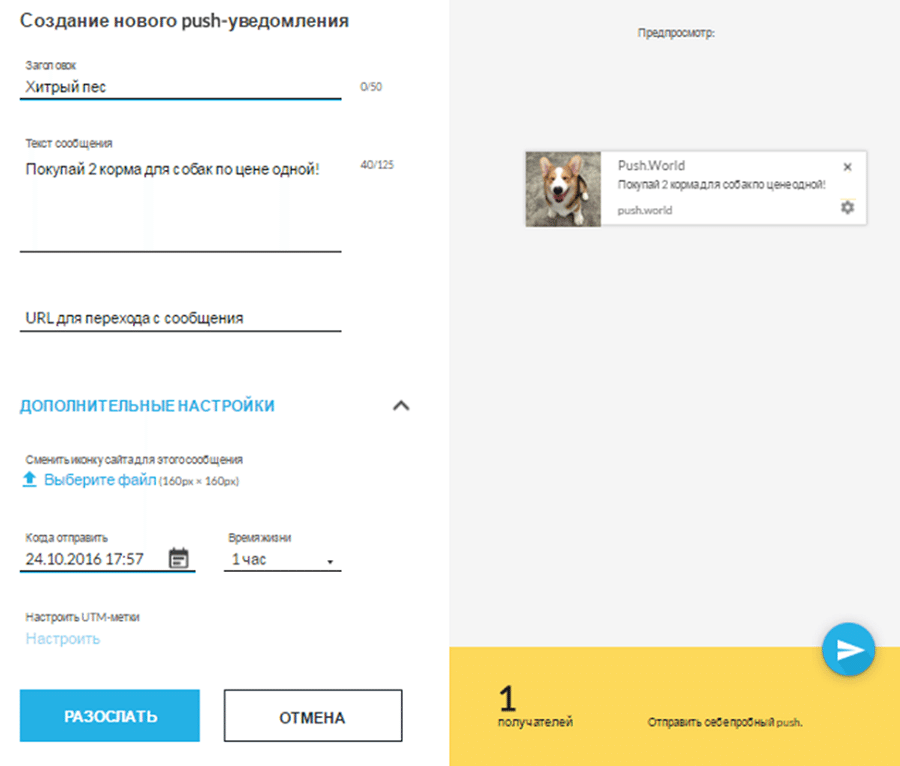 Введите заголовок, текст, URL для перехода, а также установите дополнительные настройки Введите заголовок, текст, URL для перехода, а также установите дополнительные настройки