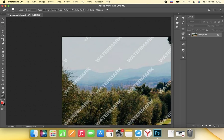 Вот как пара штрихов «Точечной восстанавливающей кисти» убрали большую часть водяного знака в левом верхнем углу изображения