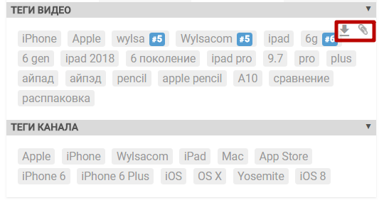 VidIQ показывает общие теги канала Wylsacom и теги конкретного видео (про распаковку iPad 6G)