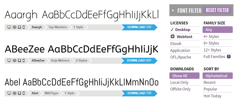 Каталог fontsquirrel.com: сразу видны форматы и количество стилей, справа – удобный фильтр Каталог fontsquirrel.com: сразу видны форматы и количество стилей, справа – удобный фильтр