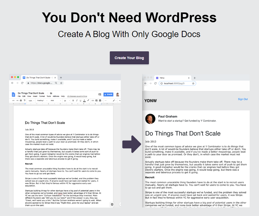 YDNW — сервис, который создает посты для блога из файлов Google Docs. Название сервиса — “You Don’t Need WordPress” — говорит само за себя. YDNW — сервис, который создает посты для блога из файлов Google Docs. Название сервиса — “You Don’t Need WordPress” — говорит само за себя.