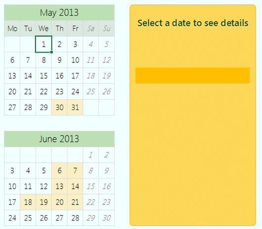 Пример интерактивного календаря (слева – дата, справа – описание мероприятия)