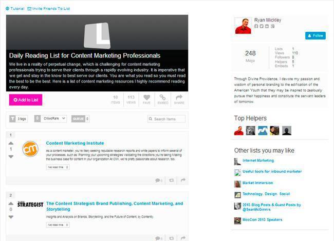 Скриншот одного из списков на сервисе List.ly – «Список ресурсов для профессиональных контент-маркетологов»