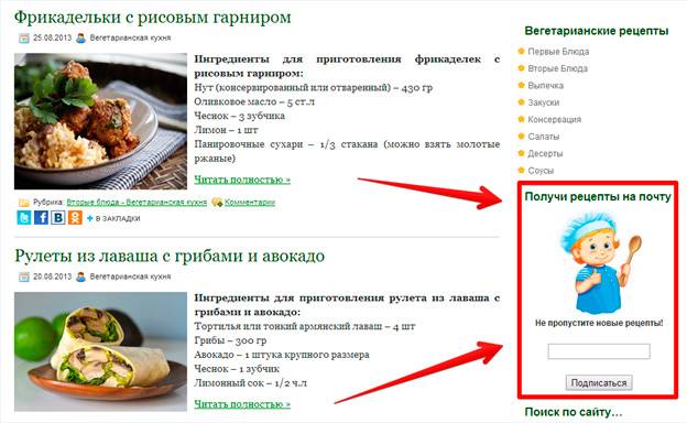 Форма подписки на сайте veg-food.ru