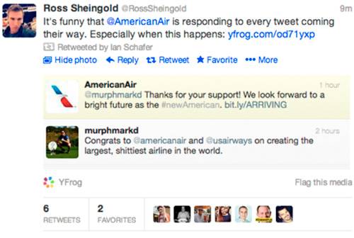 Твит пользователя: «Поздравляю AmericanAir с созданием худшей авиакомпании в мире». Автоматический ответ компании: «Спасибо за поддержку! Вместе с вами мы строим будущее»