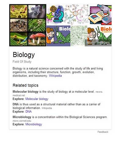 Панель графа знаний, сформированная по запросу «биология»