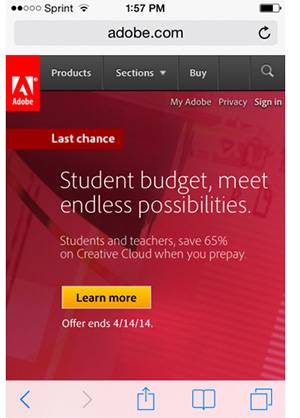 Сайт Adobe на экране смартфона