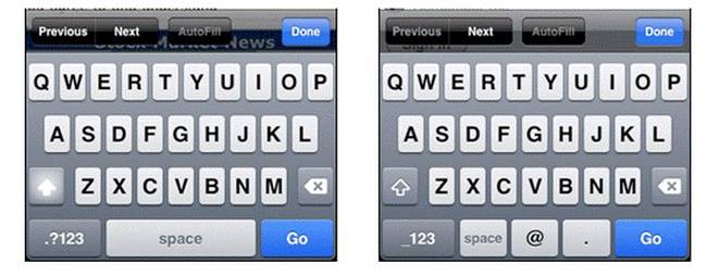 Клавиатура для ввода текста (слева) и адреса электронной почты (справа)