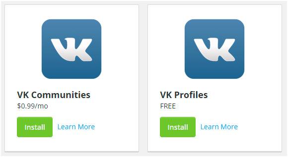 Приложения в Hootsuite для работы с «Вконтакте». Слева – платное расширение для сообществ, справа – бесплатное расширение для страницы пользователя