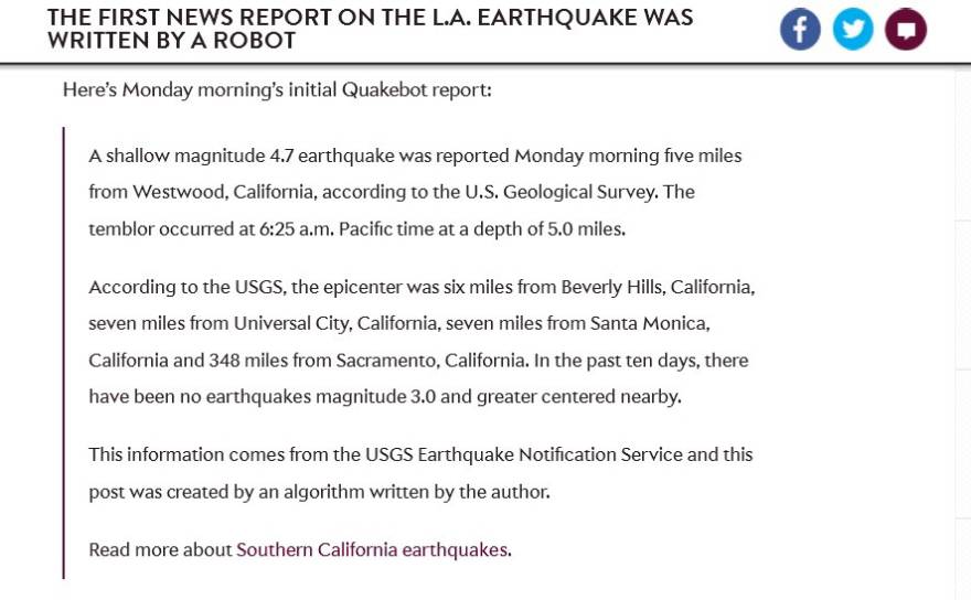 Первая заметка о землетрясении, написанная роботом. Источник: The First News Report on the L.A. Earthquake Was Written by a Robot. By Will Oremus. Slate, March 17, 2014