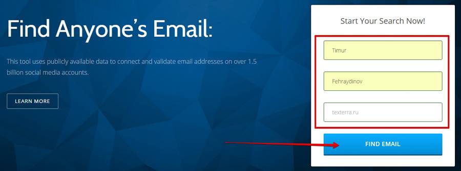 Заполняем поля на главной странице FindAnyEmail Заполняем поля на главной странице FindAnyEmail