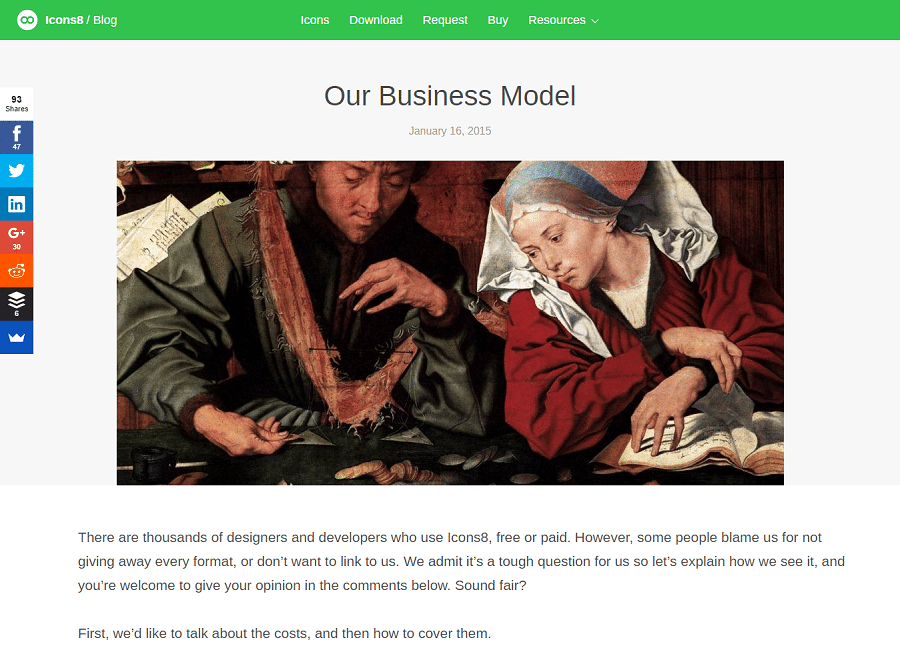 На странице Our Business Model – текст о том, из чего складывается стоимость иконок