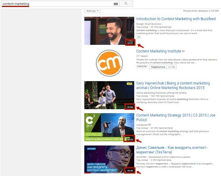 По запросу «content-marketing» на первой странице выдачи Youtube 12 из 19-ти видеороликов длятся более 10-ти минут