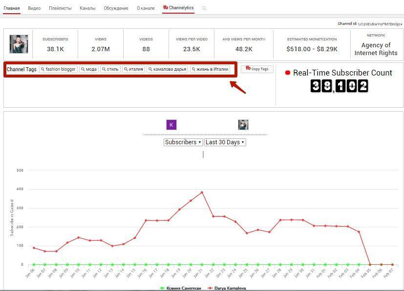Самые популярные теги канала отображены в панели Channel Tags