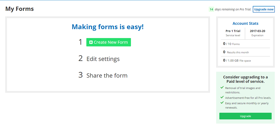 Первое, что нужно после регистрации - нажать на зеленую кнопку Create New Form