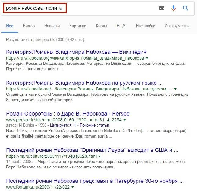 Если вы хотите посмотреть, например, что написал Владимир Набоков кроме «Лолиты», поставьте дефис перед словом «лолита»