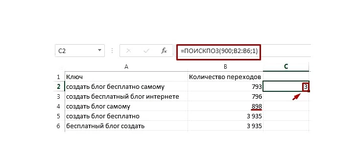 Обратите внимание на то, что результат «3» указывает не на строку в таблице, а на позицию строки в выделенном диапазоне