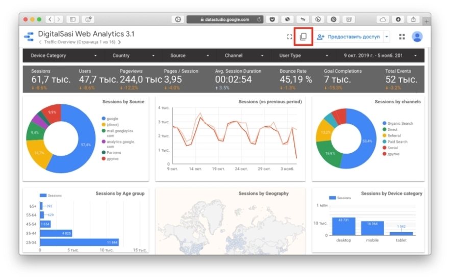 Копирование готового шаблона Data Studio Копирование готового шаблона Data Studio