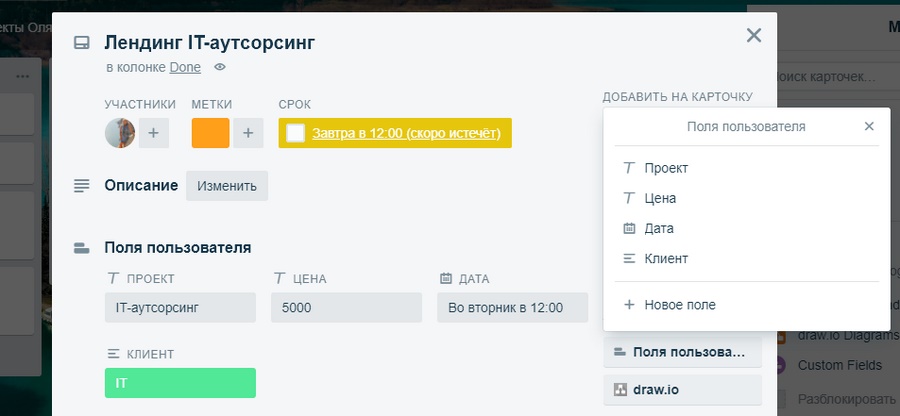 Значения пользовательских полей отображаются и на обороте карточки (когда она закрыта) Значения пользовательских полей отображаются и на обороте карточки (когда она закрыта)