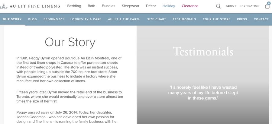 Магазин постельного белья Au lit fine linens рассказывает историю создания компании, используя разные виды контента – текст, видео, фотографии