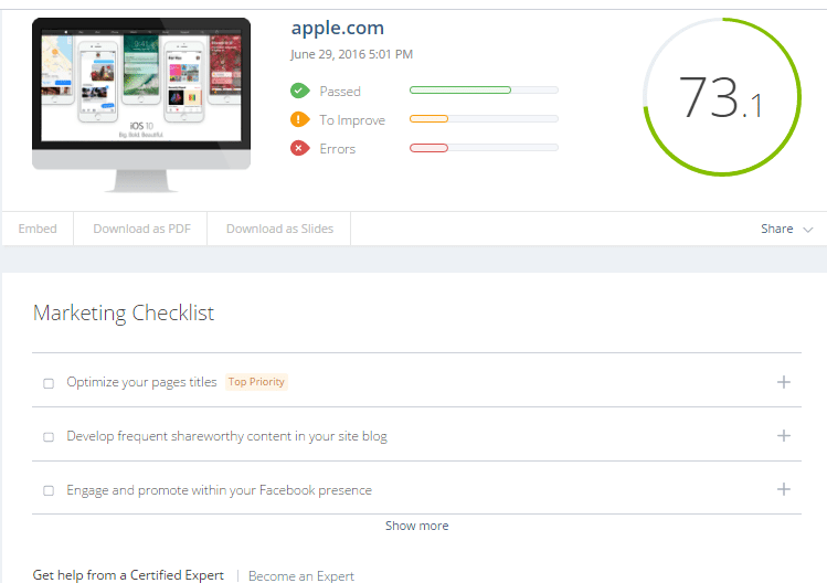 Результаты сайта apple.com: сервис нашел ошибки и недочеты, а также предложил план их исправления