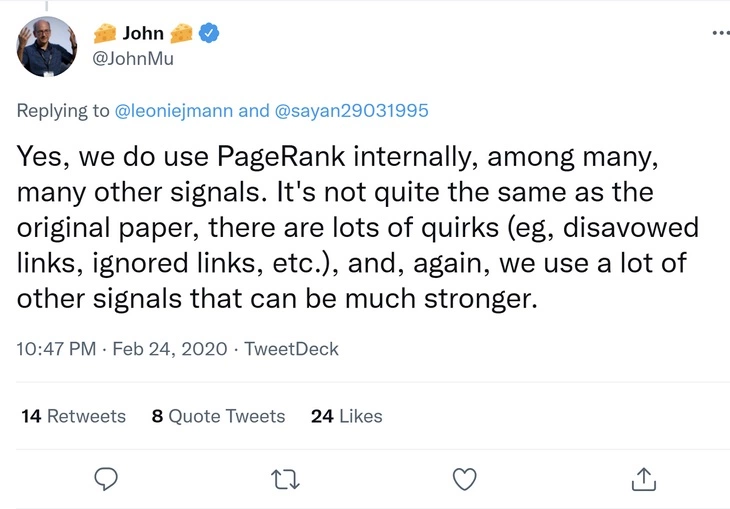 «Да, мы действительно используем внутренний PageRank наряду с многими другими показателями. Этот PageRank не похож на оригинальный инструмент и имеет много особенностей (например, игнорируемые ссылки, скрытые ссылки и так далее) и, опять же, помимо PageRank есть много более важных показателей». Твит Джона Мюллера о PageRank