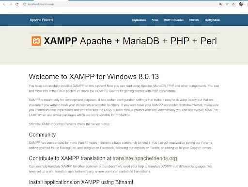 Страница приветствия Xampp