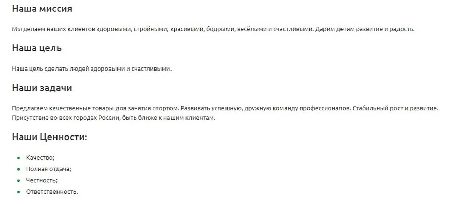Миссия, ценности и цели регионального интернет-магазина спортивных товаров