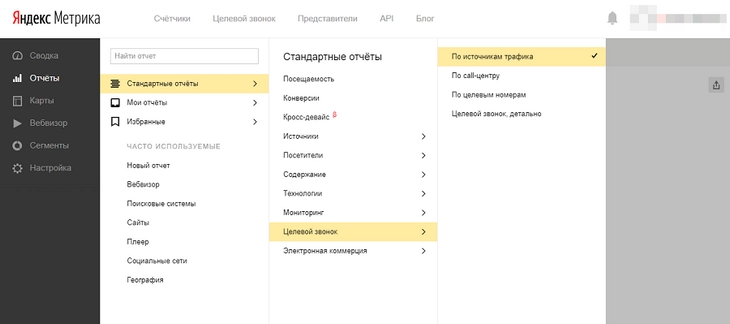 Данные о целевых звонках можно найти в разделе «Стандартные отчеты»