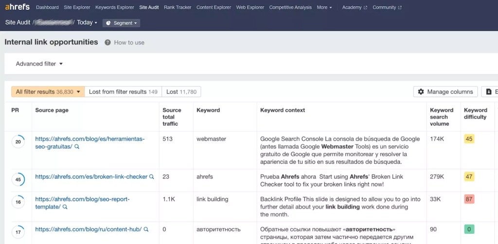 Для каждой страницы отображается текст-окружение ключевой фразы Internal link opportunities