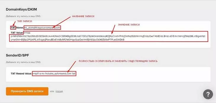 Копируем DKIM и SPF и добавляем соответствующие записи