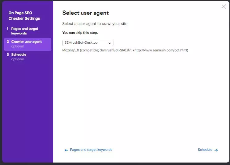 Настройка user-agent On Page SEO Checker