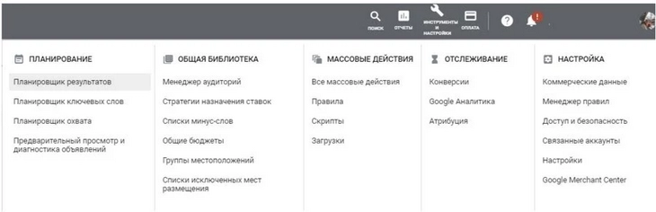 Инструменты и настройки Google Рекламы
