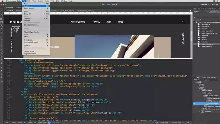 Пример работы с сайтами в интерфейсе HTML-редактора Dreamweaver