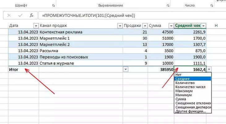 Работа строки итогов, «Среднее» в столбце мы выбрали вручную