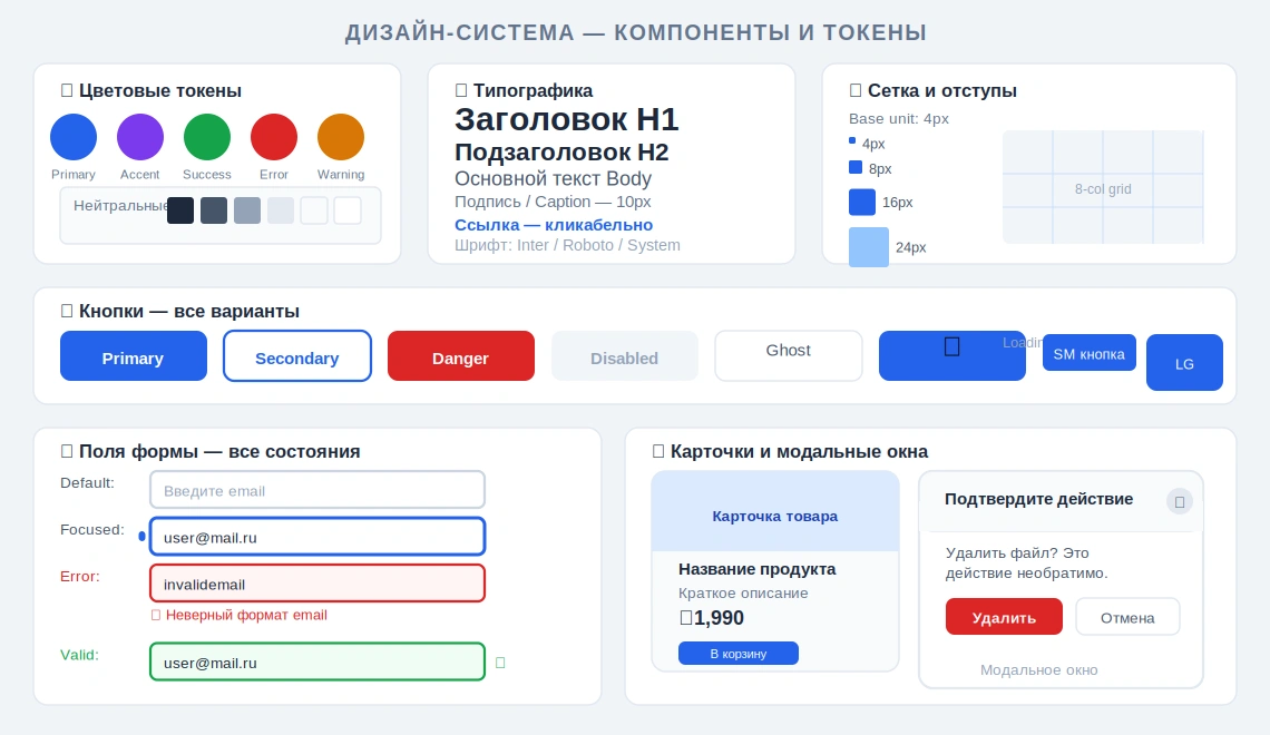 Пример дизайн-системы с цветовыми токенами, типографикой, сеткой, кнопками, формами и карточками