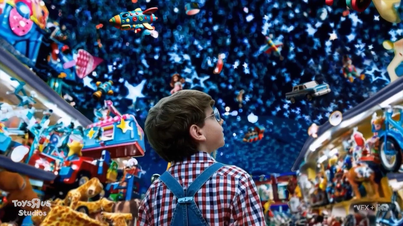 Мальчик в игрушечном магазине смотрит вверх на игрушки